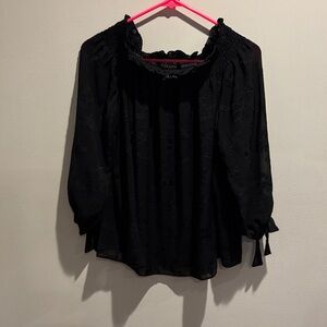 CeCe Black Embroidered Smocked-Neck Peasant Blouse